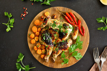 Spatchcocked grilled chicken with vegetables