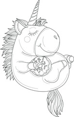 Cute sleeping unicorn creature with donut sketch template. Cartoon vector illustration for icons, emoji symbols, games, background, pattern, decor. Coloring paper, page, story book. Print for fabrics 