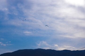 Fototapeta na wymiar Paragliding. A man flies on a parachute against the blue sky.