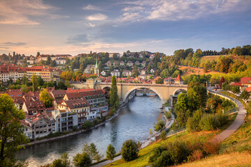 City of Bern. Cityscape image of the capital city of Bern, Switzerland during beautiful autumn sunset. - obrazy, fototapety, plakaty