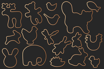 Animal cookie silhouettes different form bronze line- art