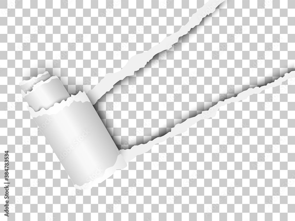 Poster torn, snatched window placed diagonally in sheet of checkered transparent paper with paper curl. whi