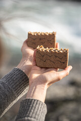 Fresh bars of natural soap in the wilderness