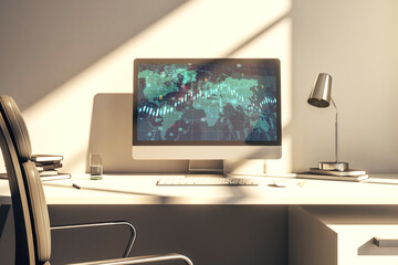 Abstract creative financial diagram with world map on modern computer monitor, banking and accounting concept. 3D Rendering