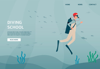 Web page for diving school with diver underwater, flat vector illustration.