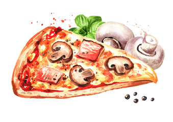 Piece of Rustic pizza with ham, fresh mushrooms and oregano. Hand drawn watercolor illustration isolated on white background