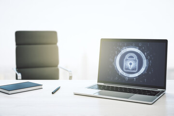 Creative lock sketch with chip hologram on modern computer monitor, protection of personal data...