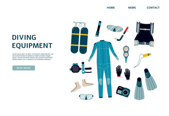 Web banner for sale and rent of diving equipment flat vector illustration.
