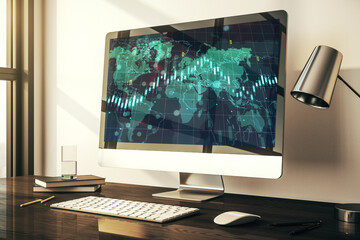 Abstract creative financial diagram with world map on modern computer monitor, banking and accounting concept. 3D Rendering