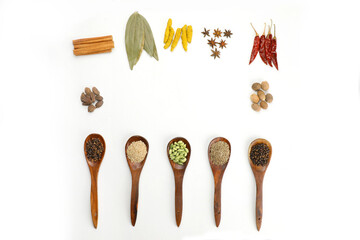 Indian khada garam masala spices in white background.