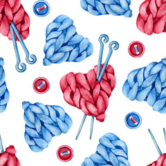 Seamless patterns knitting yarn and knitting needles. Hand drawn watercolor illustration isolated on white background. Needlewoman, knitter logo design