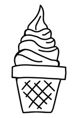 Black color doodle line handdrawing in ice cream with cone shape on white background