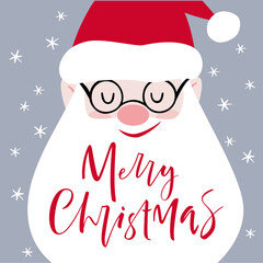 Merry Christmas. Christmas greetings written on the beard of Santa Claus. New Year poster. Letters. Vector .
