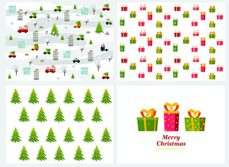 set of Christmas cards, decorated Christmas tree with garlands, toys and balls, Christmas gifts and boxes