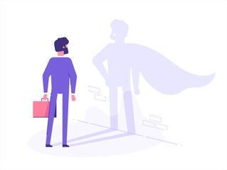 A businessman casts a shadow of a superhero in a cape on the wall. Business motivation and training concept. Vector illustration.
