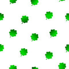 Seamless floral pattern. Four leaves green gradient Clovers on white background. Symbol of good luck, success, money, St. Patrick's Day. Vector illustration for traditional Irish holiday, wallpaper