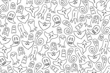 Seamless doodle Halloween pattern. Outline Ghosts isolated on white background. Hand drawn cute scary spirits. Vector apparition banner for spooky autumn holidays, fabric, wrapping paper, prints, web