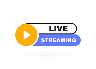 Live streaming badge with play button emblem. Logo design. Vector illustration