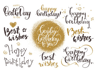 Happy birthday, Best wishes handwritten modern brush lettering made with ink. Design for congratulation card, party invitation, banner, poster, flyer templates, golden texture. Isolated vector set.