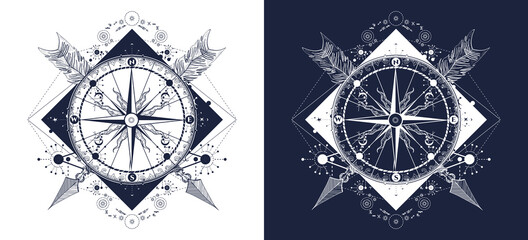 Compass and crossed arrows tattoo art. Symbol of tourism, adventure, travel. Black and white vector graphics