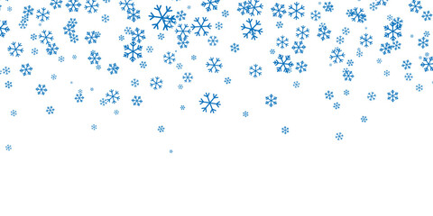 Falling blue snowflakes on white background. Christmas snow. Vector illustration