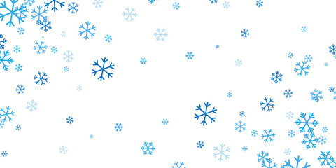 Falling blue snowflakes on white background. Christmas snow. Vector illustration