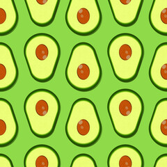 Seamless pattern of avocado. Sliced avocado the top view on a green background. Design for print on paper, Wallpaper and textiles