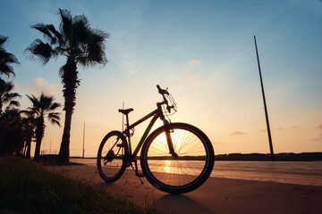 Fototapeta premium A silhouette of a bike at sunset. The sun shines through the bicycle wheel at seaside park