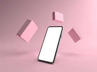 3D rendering. Minimal abstract scene with Smartphone white screen and Surrounded by Square objects. Smartphone can be used for advertising, Isolated on pink background. Display product, illustration.