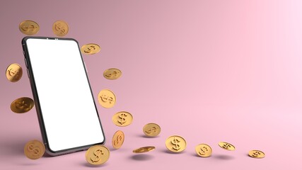 Smartphone, white screen surrounded by Money. The concept of money on a mobile phone and Can fill the content on the white phone screen isolated on the pink background, illustration, 3D rendering.