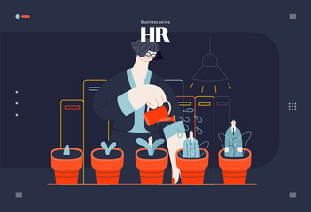 Business topics - human resources, web template, header. Flat style modern outlined vector concept illustration. HR manager, watering flower pots with growing managers in them. Business metaphor. © grivina