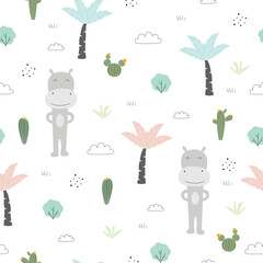Seamless pattern Outdoor nature background With cartoon characters hippos and trees Hand drawn design in childrens style used for Print, wallpaper, textiles Vector illustration