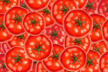 tomatoes texture. Lots, top view, red background, vegetarian food