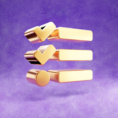 Tasks icon. Gold glossy Tasks symbol isolated on violet velvet background. Modern icon for website, social media, presentation, design template element. 3D render.