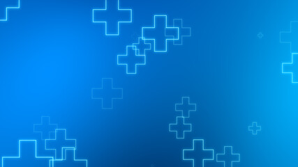 Medical health blue cross neon light shapes pattern background. Abstract healthcare technology and science concept.