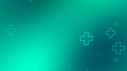 Medical health blue green cross neon light shapes pattern background. Abstract healthcare technology and science concept.