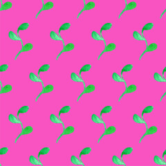 Seamless pattern with fantasy green leaves on pink board. Background for clothes, web and design. Ecology theme. Summer illustration. Print for greeting cards, gift wrap. Jpg file