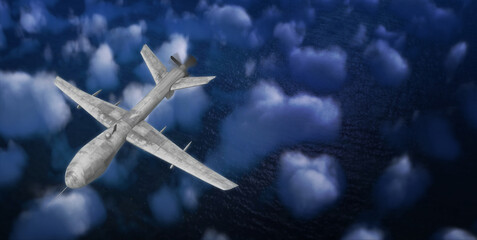 Obraz premium UAV drone flying at the blue sky, over the clouds. A 3D rendering with copy space