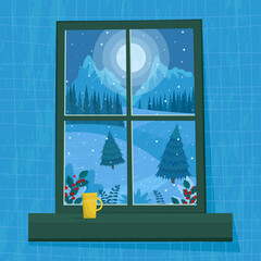 Window with winter night landscape. Cute vector illustration in flat style