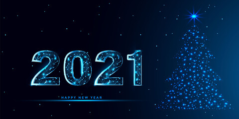 Happy 2021 new year banner design with Christmas tree from lines, dots, triangles and particle. Geometric polygonal 2021 new year greeting card. Polygon vector wireframe concept. 
