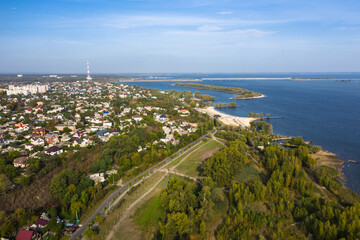 Fototapeta premium The Cherkasy city beautiful aerial panorama view of the Dnieper river.
