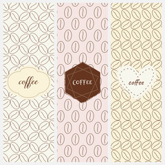 Vector set of stylish design elements and seamless pattern for coffee packaging templates in trendy linear style. Can be used for label, banner, poster, identity, branding.