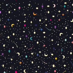 Vector seamless pattern with multicolored stars on black background. For fabric, textile, linen, wallpaper, gift and wrapping paper, greeting card, children's holiday and party invitations, pajamas.