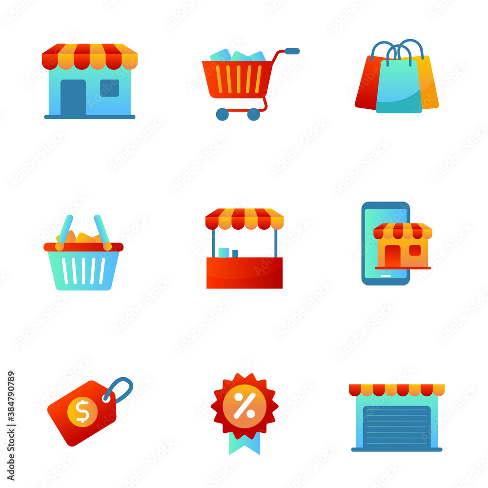 Canvas Prints store and market icon set in colorful gradient style isolated on white background