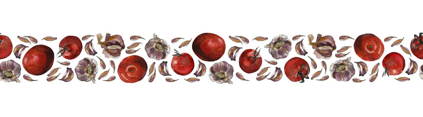 Seamless border of red tomatoes and garlic cloves and bulbs, isolated on white. Watercolor illustration.  For duct tape, cookbook, recipe, menu and packaging design.