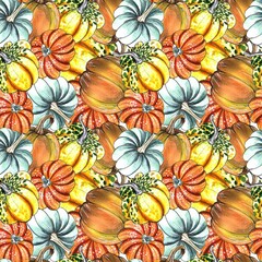  Seamless pattern of watercolored pumpkins , for wrapping paper, wallpaper, fabric pattern, backdrop, print, gift wrap. Thanksgiving material. Harvest. hand drawn illustration