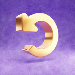 Undo icon. Gold glossy Undo symbol isolated on violet velvet background. Modern icon for website, social media, presentation, design template element. 3D render.