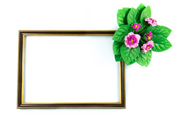 Vintage wooden frame with flowers in a pot and green petals, holiday composition on white isolated background