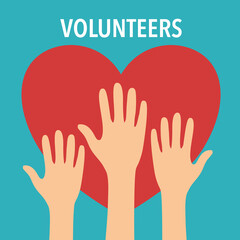Volunteer hands with heart shape on background. People raising hands for charity social activity.