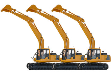 Yellow excavator  model on  a white background with bucket lift up